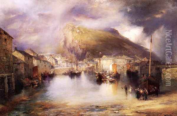 An English Fishing Village Polperro Cornwall Oil Painting - Thomas Moran