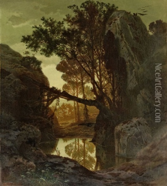 Waldlandschaft Mit Felsmassiv Und See Oil Painting - Ferdinand Knab