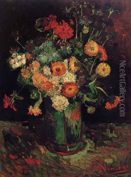 Vase With Zinnias And Geraniums Oil Painting - Vincent Van Gogh
