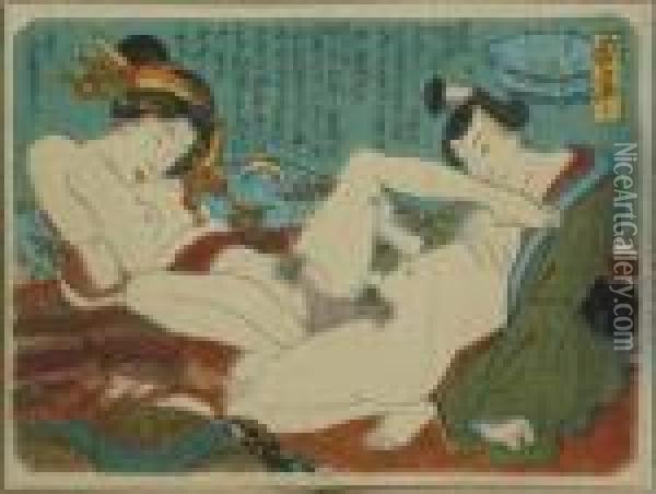 Kunisada, Utagawa Zugeschrieben. Kurtisane Und Geliebter Im Teehaus, Japan, Um 1840 Oil Painting - Kunisada