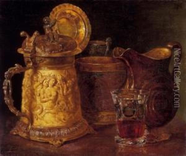 Vessels With A Red Wine Glass Oil Painting - Jozsef Borsos
