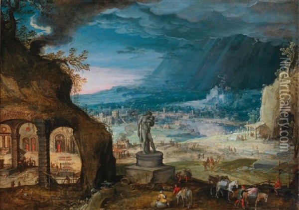 An Extensive Landscape With A Statue Of Saturn Oil Painting - Hendrick van Cleve III