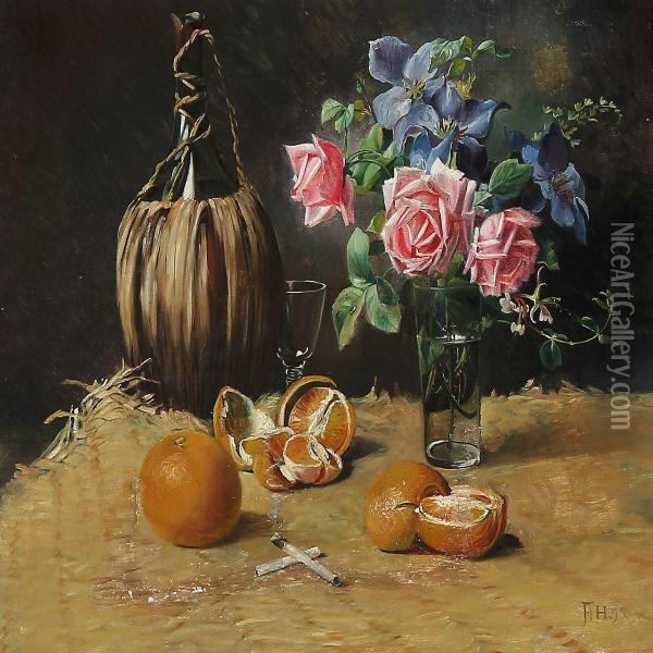Still Life With Bottle, Oranges, Cigarettes And A Bouquet Oil Painting - Flora Heilmann
