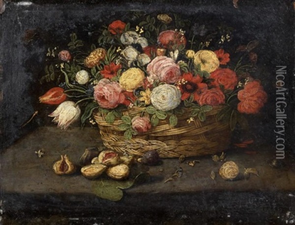 Panier De Fleurs Et Figues Sur Un Entablement Oil Painting - Jan van Kessel the Younger
