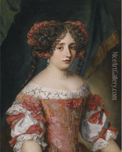 Portrait Of A Young Woman In Half Length, Wearing A Pinklace-trimmed Dress Oil Painting - Jacob Ferdinand Voet