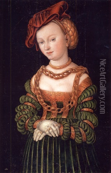 Portrait Of A Young Woman As A Court Beauty, Wearing A Red Cap And A Green Dress Trimmed With Gold, Her 
Decolletage Bedecked With Gold Chains Oil Painting - Lucas Cranach the Elder