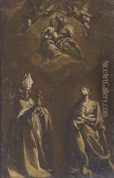 The Virgin and Child appearing to a Bishop Saint and a kneeling female () Saint Oil Painting - Tuscan School