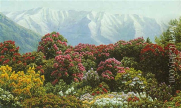 Rhododendrons In Snowy Highlands Oil Painting - Henrik Gamst Jespersen