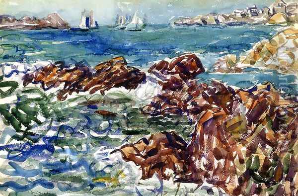 Rocky Cove With Village Oil Painting - Maurice Brazil Prendergast