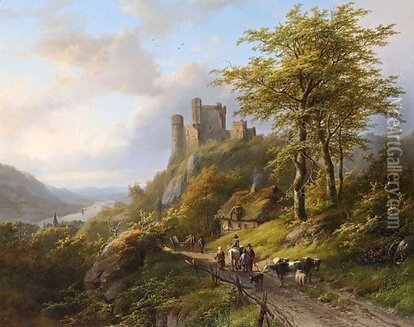 Figures Near A Ruin In A River Landscape Oil Painting - Johann Bernard Klombeck