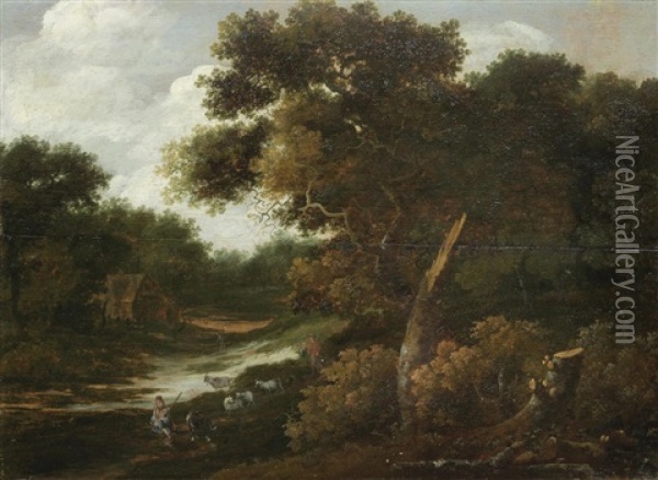 A Wooded Landscape With A Drover And His Herd Oil Painting - Jacob Van Ruisdael