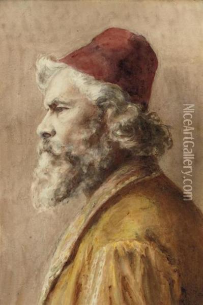 A Bearded Man In A Fez Oil Painting - Leopold Carl Muller