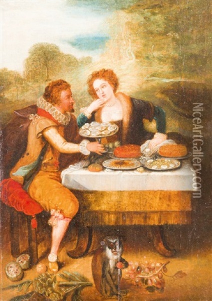 Elegantes Paar Beim Austernessen Oil Painting - Louis de Caullery