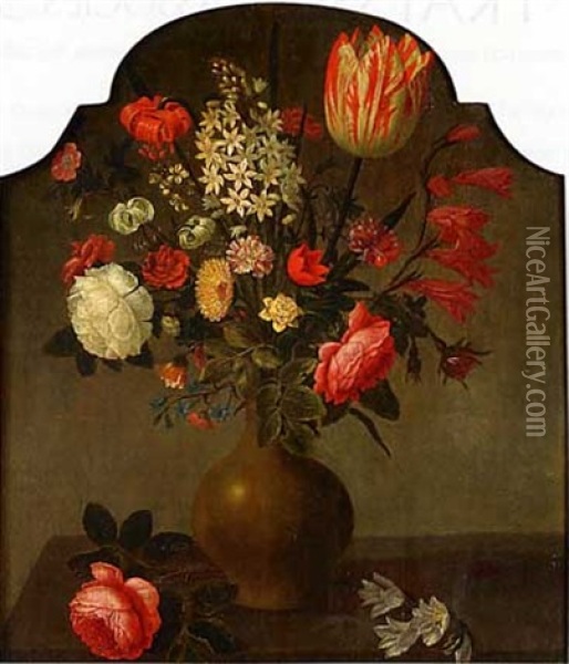 Nature Morte Au Vase De Fleurs Sur Un Etablement Oil Painting - Hans Bollongier