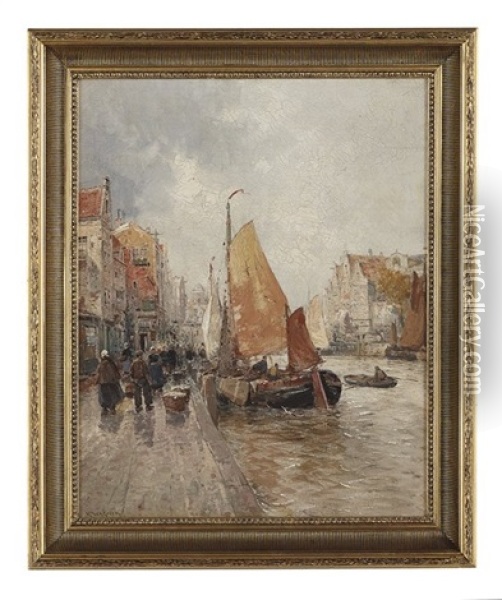 Canal Scene With A Sailboat Oil Painting - Karl Wagner