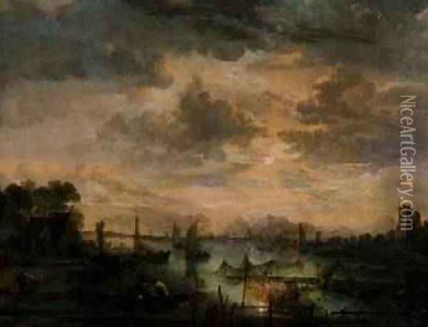Moonlit scene with fishermen Oil Painting - Aert van der Neer
