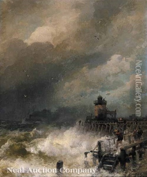 Stormy Day At A Lighthouse On The Belgian Coast Oil Painting - Hermann Herzog