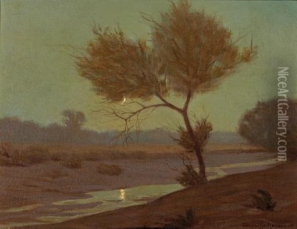 A Crescent Moon Oil Painting - Granville S. Redmond