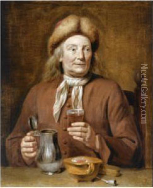 A Man Sitting At A Table Holding A Glass Of Beer Oil Painting - Jan Maurits Quinkhard