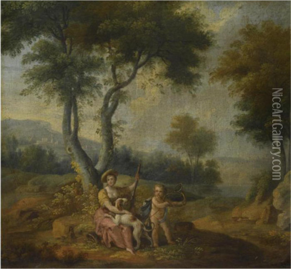 A Southern Landscape With A Hunter Resting With A Putto Oil Painting - Francesco Zuccarelli
