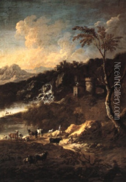 Italianate Landscape With Figures And Animals Oil Painting - Johann Melchior Roos