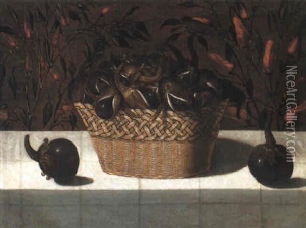 Basket Of Aubergines With Two Aubergines On A Cloth-covered Ledge Oil Painting - Blas de Ledesma Prado