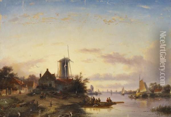 On The Scheldt. Figures On A Ferry Boat Before A Windmill Oil Painting - Jan Jacob Coenraad Spohler