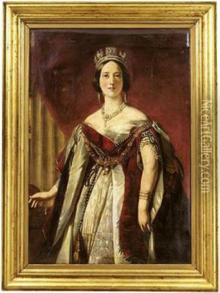 Portrait Of Queen Victoria, Three Quarter Length Standing Oil Painting - Franz Xavier Winterhalter