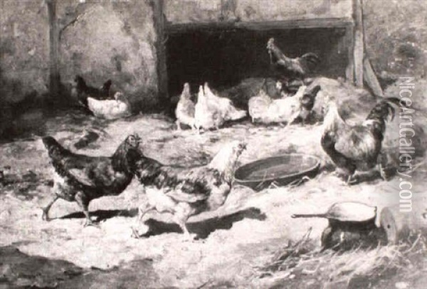 Poultry In A Barnyard Oil Painting - Cornelis van Leemputten