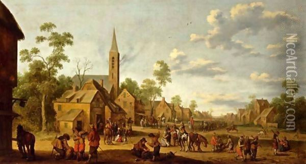 A Street Scene With Soldiers Overtaking The Village Oil Painting - Joost Cornelisz. Droochsloot