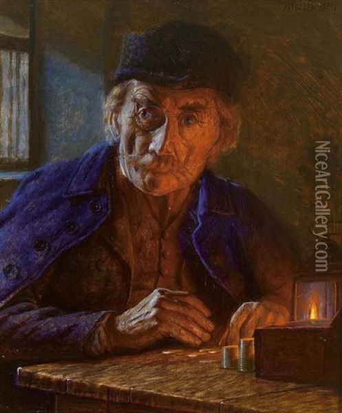 Alter Mann Zahlt Bei Kerzenschein Die Munzen Oil Painting - Alois Binder