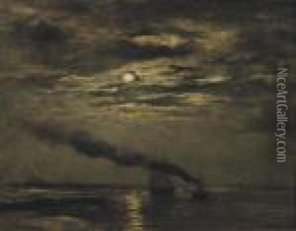 Maaneffect: Entering The Harbour By Moonlight Oil Painting - Hendrik Willem Mesdag