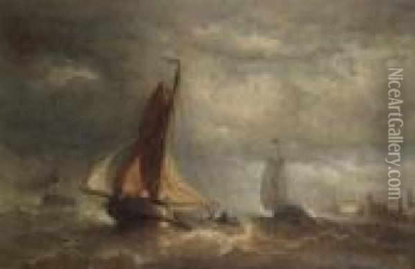 Zeilboten Voor De Kust Bijonweerachtig Weer Met Hollandse Haven In De Verte Oil Painting - Hendrik Frans Schaefels