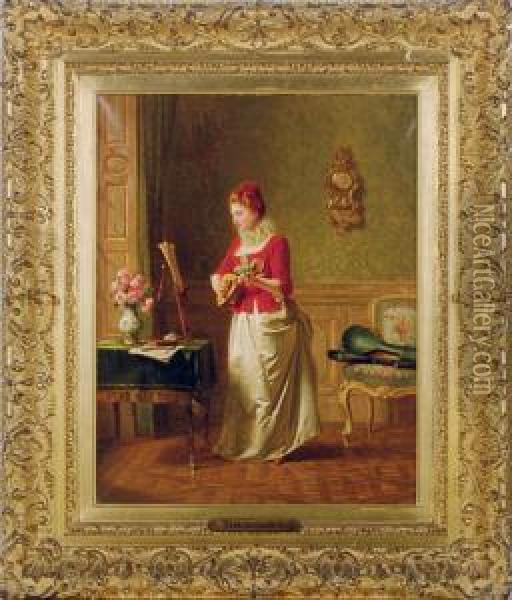 An Elegant Lady Practising Music In An Interior Oil Painting - Pierre Joseph Toussaint