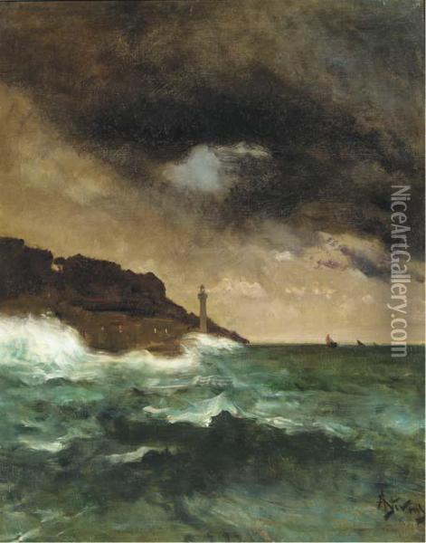 The Lighthouse At Dusk Oil Painting - Aime Stevens