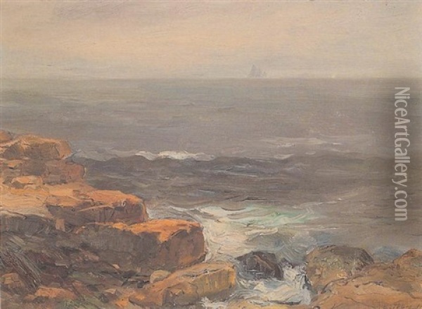 Rocky Coastline With Distant Ship Oil Painting - Charles Paul Gruppe