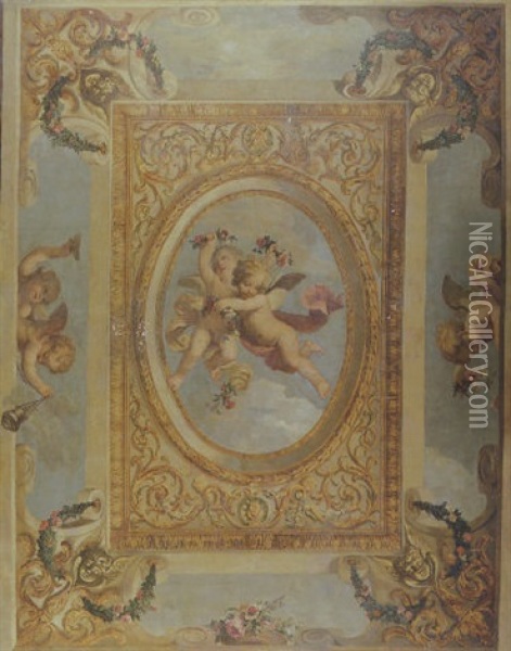 A Trompe L'oeil Ceiling Painting With Putti Disporting Oil Painting - Daniel Marot the Elder