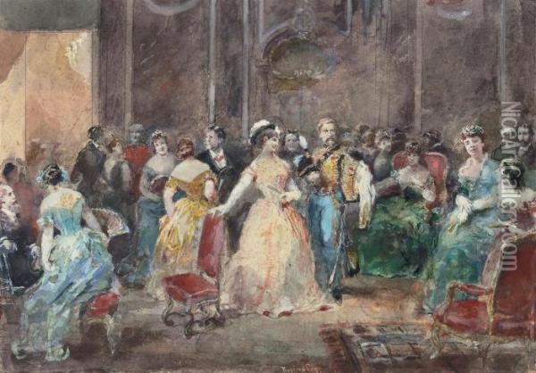 Elegant Figures At A Reception In A Ballroom Oil Painting - Eugene Louis Lami