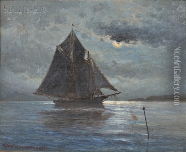 Schooner In The Moonlight Oil Painting - Theodore Victor Carl Valenkamph
