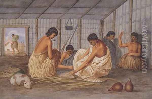 Interior of a New Zealand hut 1845 Oil Painting - Joseph Jenner Merrett