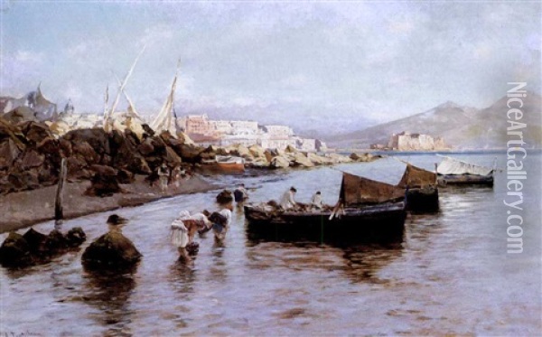 Fisherwomen By Boats In The Bay Of Naples Oil Painting - Attilio Pratella