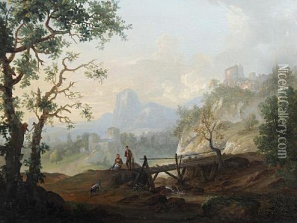 Figures In An Italianate Landscape Oil Painting - Richard Wilson