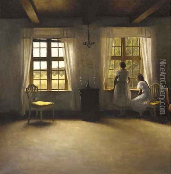 Young Girls standing by a Window in an Interior Oil Painting - Peter Vilhelm Ilsted