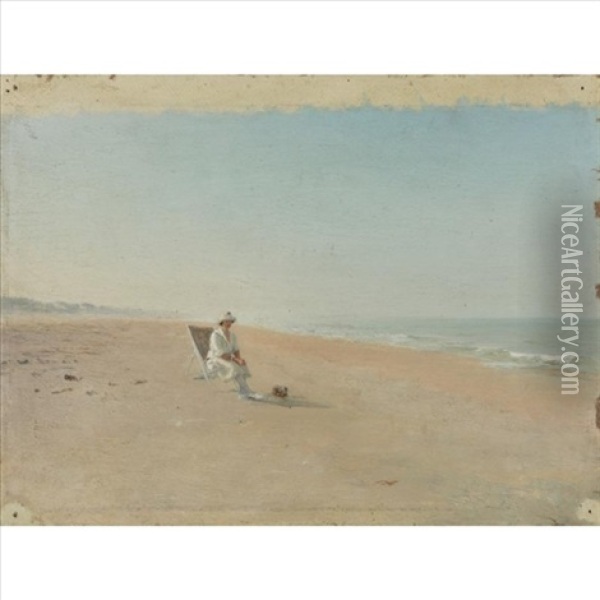 Woman In A Deckchair On The Beach Oil Painting - Ivan Pavlovich Pokhitonov