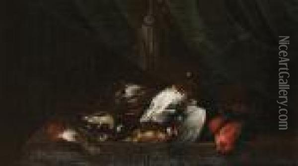 Still Life Of Songbirds On A Table Before A Curtain Oil Painting - Pieter III Casteels