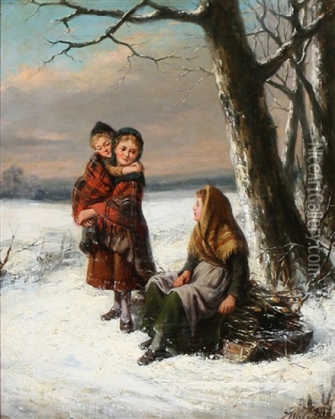 Three Girls In The Snow Oil Painting - Jan Walraven