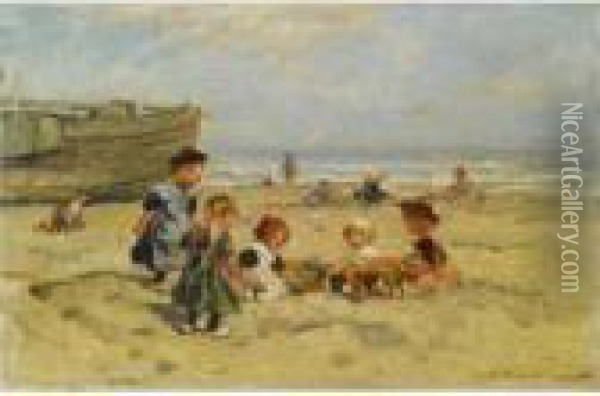 Children At Play On The Beach In Zeeland Oil Painting - Johannes Evert Akkeringa