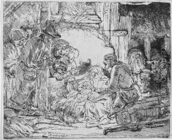 The Adoration Of The Shepherds With The Lamp (b., Holl. 45; H. 273; Bb. 54-1) Oil Painting - Rembrandt Van Rijn
