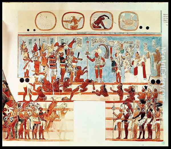 Copy of a wall painting from Bonampak depicting Mayan priests and nobles judging prisoners of war Oil Painting - Antonio de Tejeda