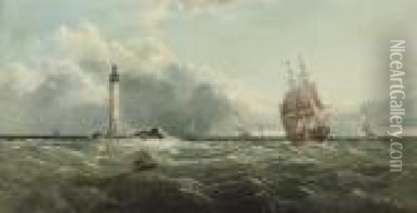 A Brig Off The Eddystone Lighthouse Oil Painting - John Jock Wilson